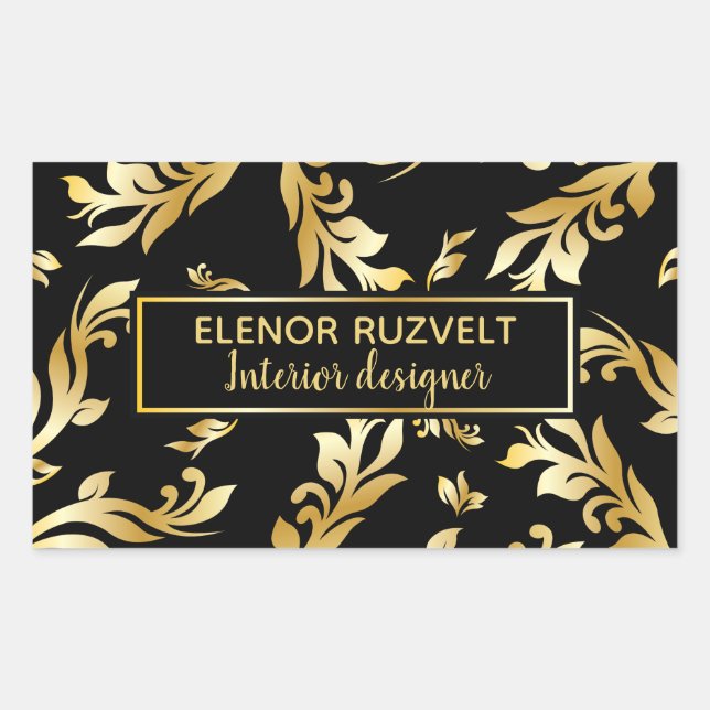 Modernes elegantes Design Lux Black Gold Damask Rechteckiger Aufkleber (Vorderseite)