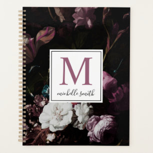 Modernes, elegantes dunkles Floral Monogram Script Planer