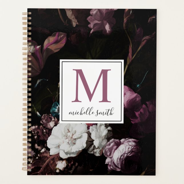 Modernes, elegantes dunkles Floral Monogram Script Planer (Vorderseite)