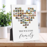 Modernes elegantes Familienherz geformt FotoCollag Fotoplatte<br><div class="desc">Erstellen Sie Ihre eigene,  individuelle Collage-Plakette mit 63 Ihrer Lieblingsfotos in einem herzförmigen Foto-Gitterdesign. Personalisieren Sie mit dem Familiennamen in der modernen Typografie für ein individuelles Foto Geschenk oder Wohngestaltung.</div>