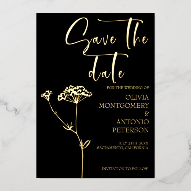 Modernes Elegantes Floral Black Save the Date Folieneinladung (Vorderseite)