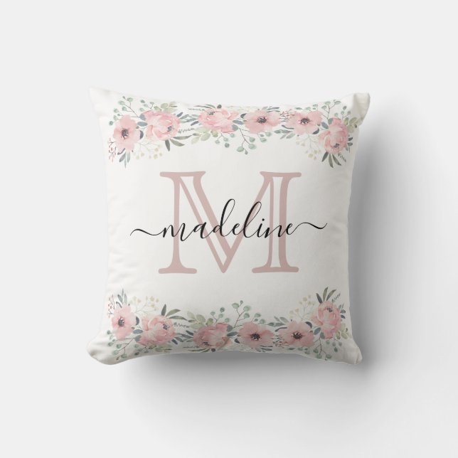 Modernes elegantes, florales Rosa Monogramm Kissen (Vorderseite)
