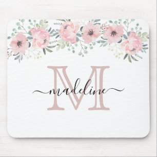 Modernes elegantes, florales Rosa Monogramm Mousepad