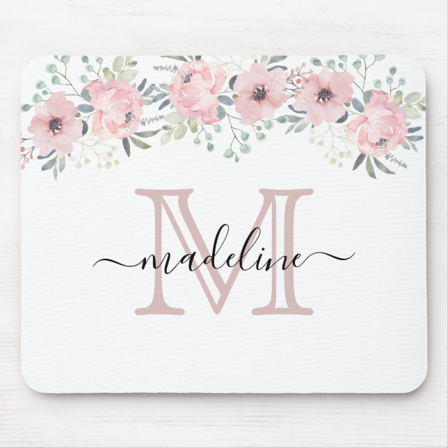 Modernes elegantes, florales Rosa Monogramm Mousepad (Vorne)