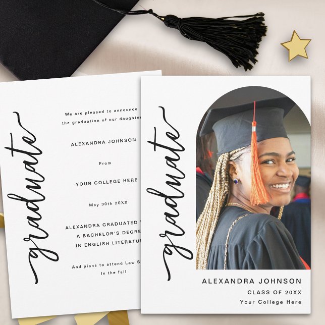 Modernes elegantes Foto Arch Ankündigung (Modern elegant arch photo white and black script graduation announcement card)