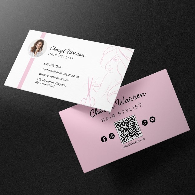 Modernes, elegantes Foto mit Haarstylist Pink QR C Visitenkarte (Von Creator hochgeladen)