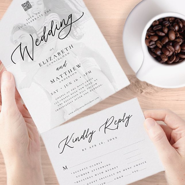 Modernes elegantes Foto QR Wedding RSVP All In One Einladung (Von Creator hochgeladen)