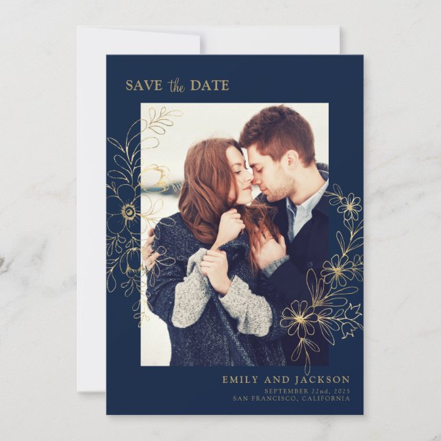 Modernes elegantes Foto Save the Date Gold Floral (Vorderseite)