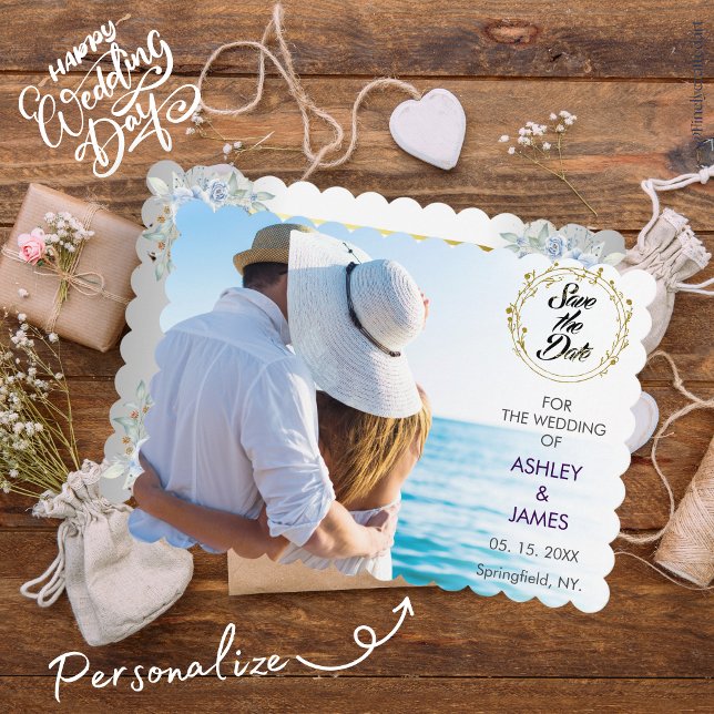 Modernes elegantes Foto Save the Date Gold Floral Einladung (Von Creator hochgeladen)