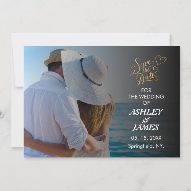 Modernes elegantes Foto Save the Date Gold Script Einladung (Vorderseite)