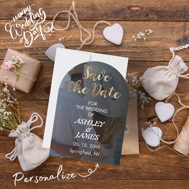 Modernes elegantes Foto Save the Date Gold Script Einladung (Von Creator hochgeladen)