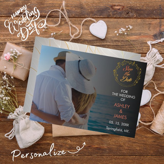 Modernes elegantes Foto Save the Date Gold Script Einladung (Von Creator hochgeladen)