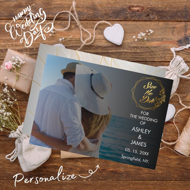 Modernes elegantes Foto Save the Date Gold Script Einladung (Von Creator hochgeladen)