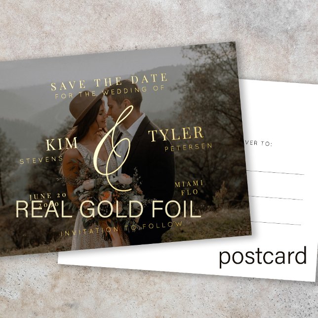Modernes, elegantes Foto Save the Date Postkarte (You can choose the foil color: GOLD, SILVER, or ROSE GOLD)