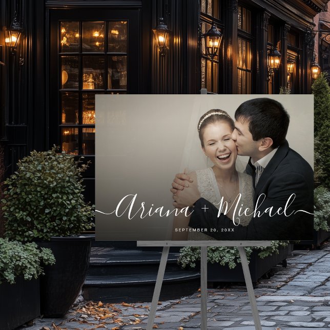 Modernes elegantes Foto Willkommen Name Keepake We Acrylschild (Custom Photo and names Keepsake wedding welcome acrylic sign.)