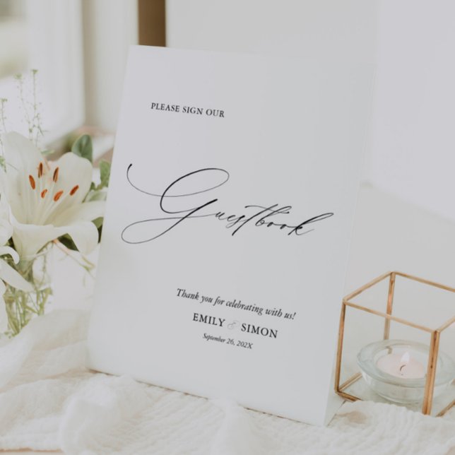 Modernes Elegantes Gästebuch für Hochzeiten Sockelschild (modern elegant wedding guest book sign, sign our guest book wedding table top, dainty calligraphy)