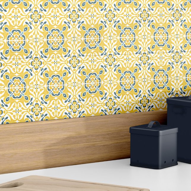 Modernes elegantes, gelbes Aquamarines Spanisches  Fliese (Modern Elegant Yellow Teal Spanish Azulejo Pattern Ceramic Tile)