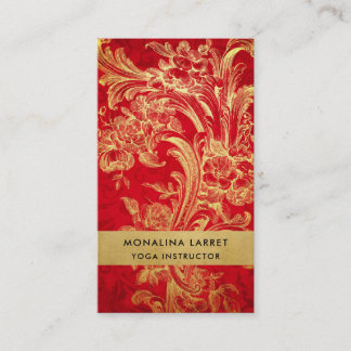 Modernes, elegantes Gold Blühe Red Damask Muster  Visitenkarte
