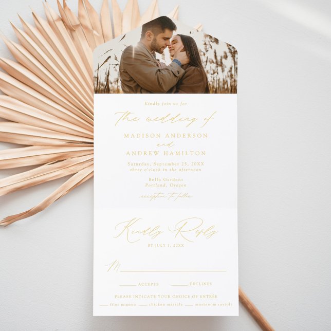 Modernes, elegantes Gold Foil Script-Foto Hochzeit All-in-One-Einladung (Von Creator hochgeladen)