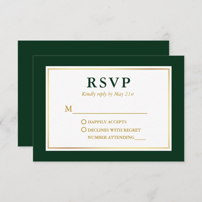 Modernes, elegantes, grün-weißes Gold RSVP Karte (Vorne/Hinten)