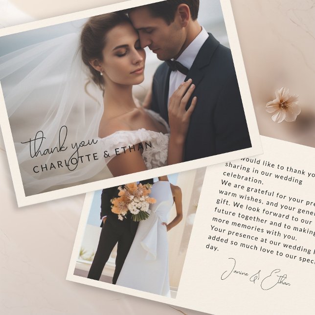 Modernes, elegantes, handschriftlich 2 Fotos Dankeskarte (Von Creator hochgeladen)