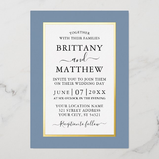 Modernes elegantes Hochzeitsheim Dusty Blue Gold Folieneinladung (Vorderseite)