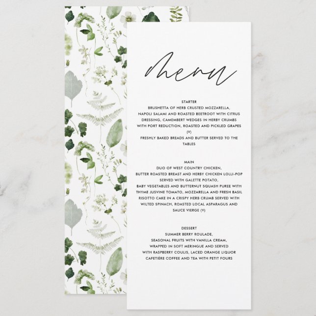 Modernes, elegantes Hochzeitsmenü mit botanischen  Menükarte (Vorne/Hinten)