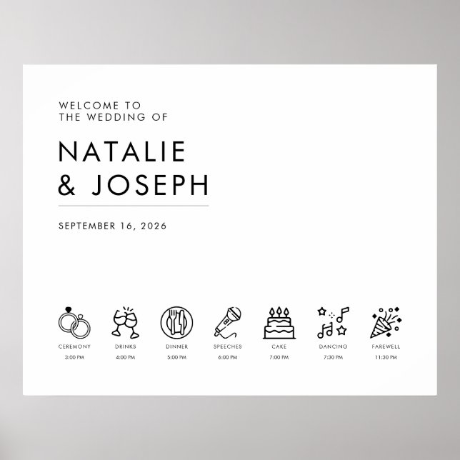 Modernes, elegantes Hochzeitszeichen mit Timeline Poster (Vorne)