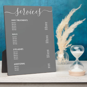 Modernes elegantes Menü mit Grauer Salon Preislist Fotoplatte