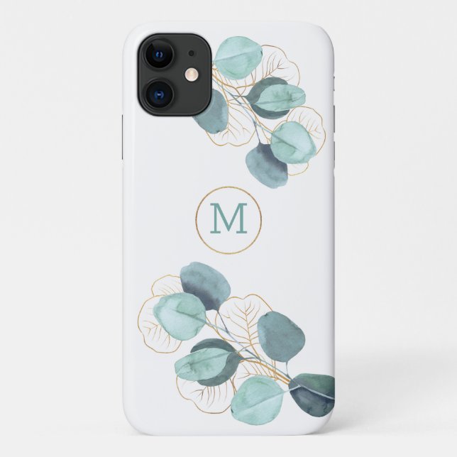 Modernes, elegantes Mit Monogramm Eukalyptus Gold  Case-Mate iPhone Hülle (Rückseite)