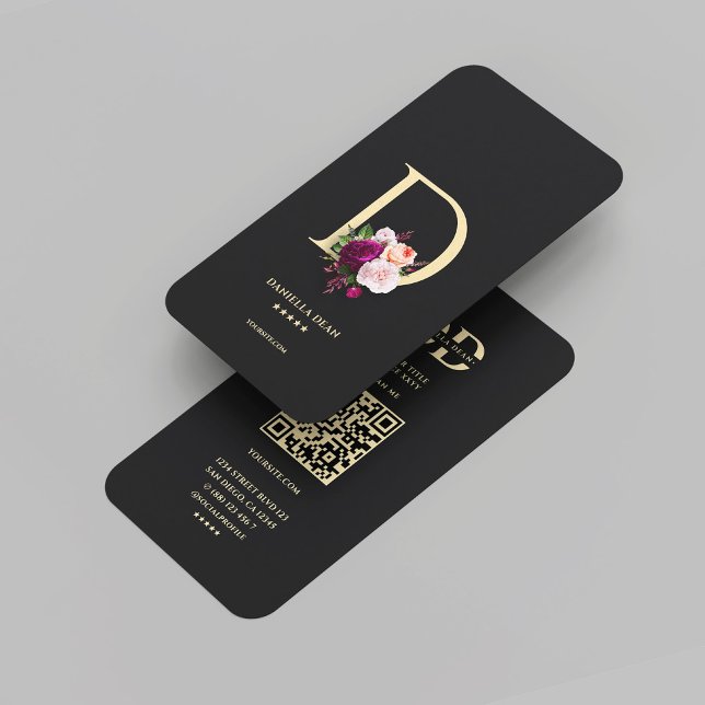 Modernes elegantes Monogram D Floral Black Gold Visitenkarte (Modern Elegant Monogram D Floral Professional Black Gold Business Card
)