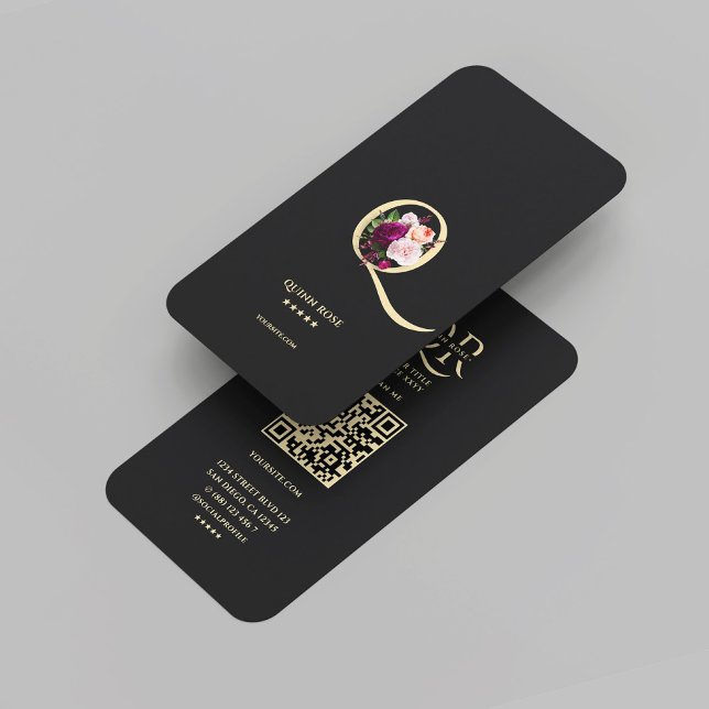 Modernes elegantes Monogram Q Floral Black Gold Visitenkarte (Modern Elegant Monogram Q Floral Black Gold Business Card
)