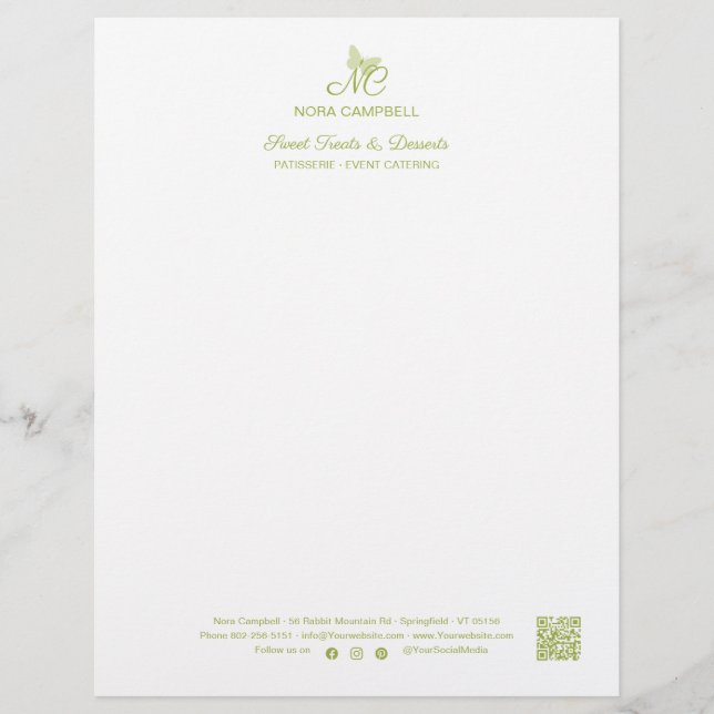 Modernes, elegantes Monogram QR Code Instagram Gre Briefbogen (Vorderseite)