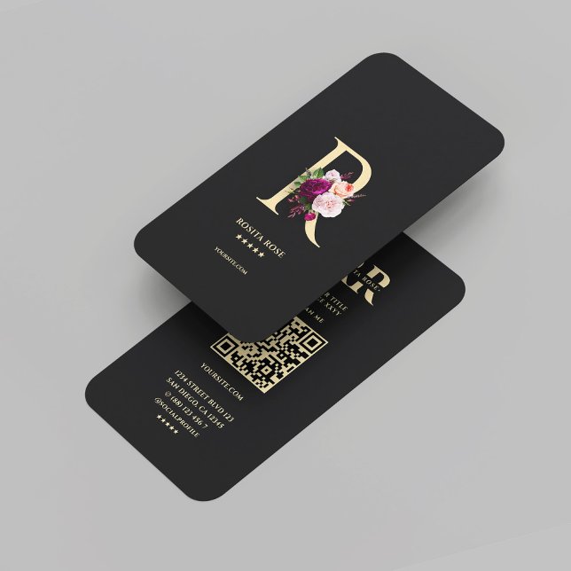 Modernes elegantes Monogram R Floral Black Gold Visitenkarte (Modern Elegant Monogram R Floral Black Gold Business Card
)
