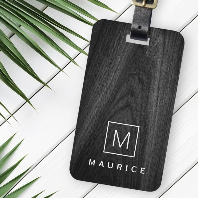 Modernes, elegantes Monogramm-Anfangsname schwarze Gepäckanhänger (Modern elegant monogram initial name black wood luggage tag)