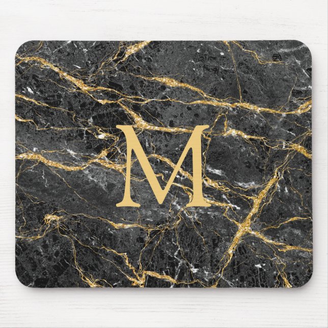 Modernes, elegantes Monogramm aus schwarzem Marmor Mousepad (Vorne)