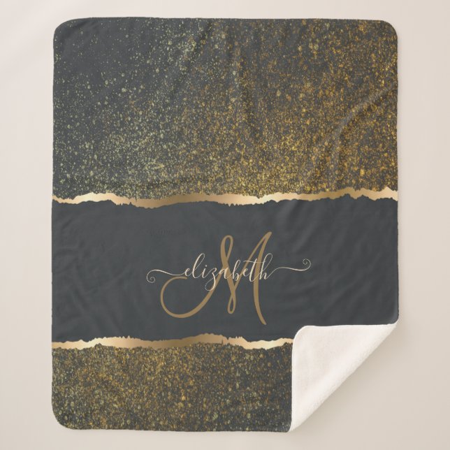 Modernes, elegantes Monogramm der Gold-Touch Sherpadecke (Vorderseite)
