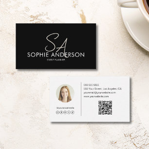 Modernes, elegantes Monogramm-Foto QR Schwarz und  Visitenkarte