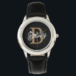 Modernes elegantes Monogramm Name Black Gold Scrip Armbanduhr<br><div class="desc">Die moderne Elegant Monogram Name Black Gold Script Watch ist ein anspruchsvolles Zeitwerk, das Funktionalität und Luxus kombiniert. Das elegante, schwarze Uhrengesicht mit einem stilvollen Goldskript-Monogramm-Namen verleiht dem Ganzen ein personalisiertes und raffiniertes Aussehen. Diese Armbanduhr wurde entwickelt, um jedem Outfit eine Touch Eleganz zu verleihen und ist somit ein perfektes...</div>