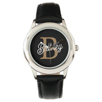 Modernes elegantes Monogramm Name Black Gold Scrip Armbanduhr