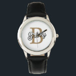 Modernes elegantes Monogramm Name Black Gold Scrip Armbanduhr<br><div class="desc">Die moderne Elegant Monogram Name Black Gold Script Watch ist ein anspruchsvolles Zeitwerk, das Funktionalität und Luxus kombiniert. Das elegante, schwarze Uhrengesicht mit einem stilvollen Goldskript-Monogramm-Namen verleiht dem Ganzen ein personalisiertes und raffiniertes Aussehen. Diese Armbanduhr wurde entwickelt, um jedem Outfit eine Touch Eleganz zu verleihen und ist somit ein perfektes...</div>