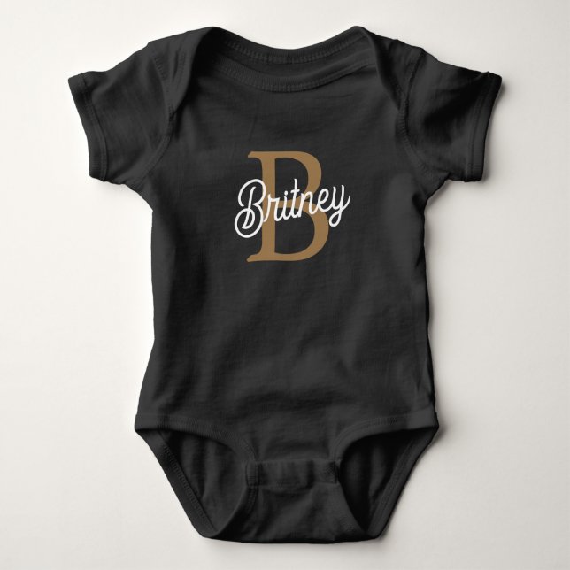 Modernes elegantes Monogramm Name Black Gold Scrip Baby Strampler (Vorderseite)