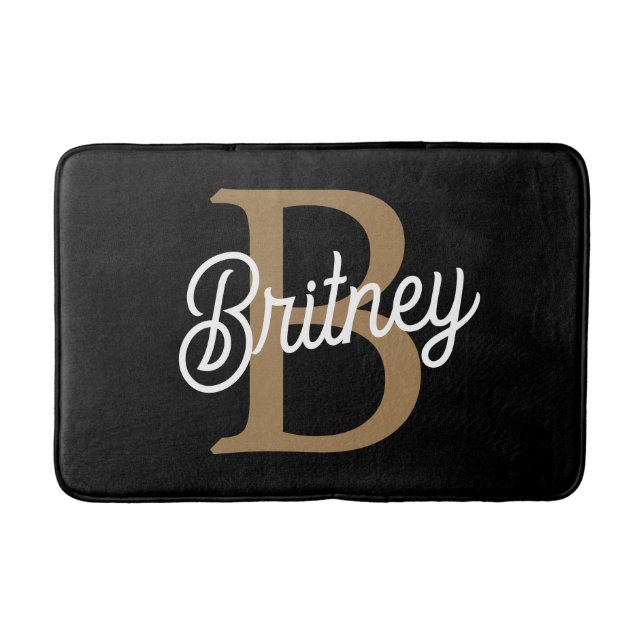 Modernes elegantes Monogramm Name Black Gold Scrip Badematte (Vorderseite)