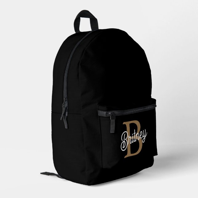 Modernes elegantes Monogramm Name Black Gold Scrip Bedruckter Rucksack (Rückseitige Ecke links)