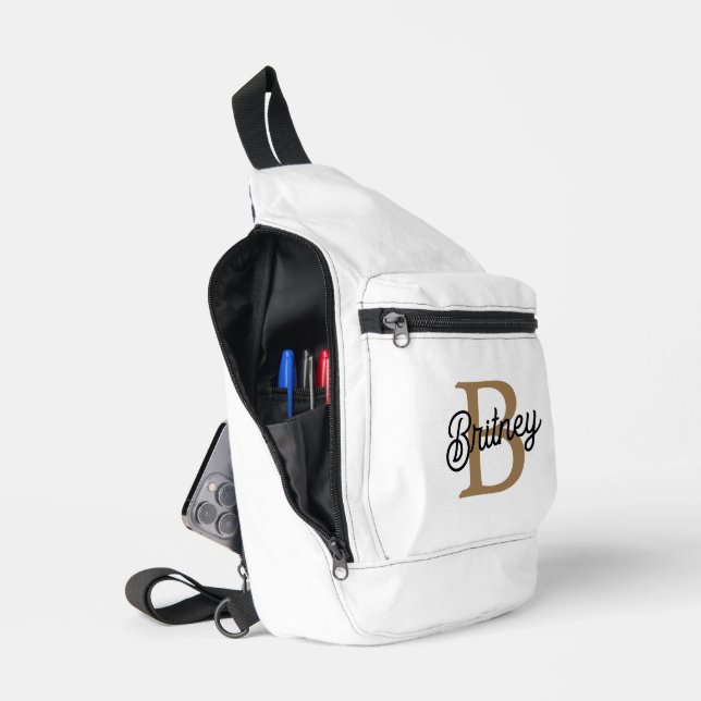 Modernes elegantes Monogramm Name Black Gold Scrip Crossbody Bag (Offen)