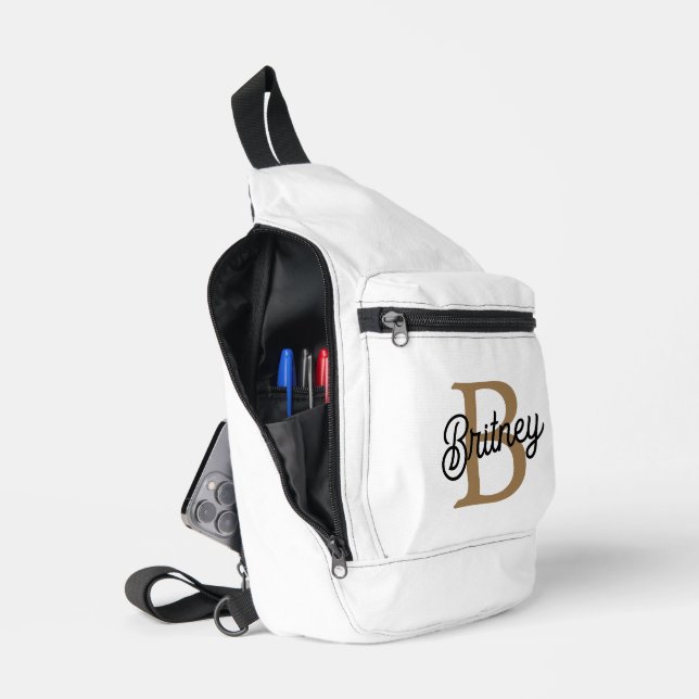 Modernes elegantes Monogramm Name Black Gold Scrip Crossbody Bag (Offen)