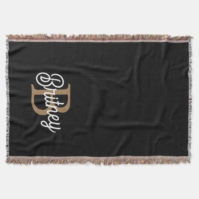 Modernes elegantes Monogramm Name Black Gold Scrip Decke (Vorderseite)