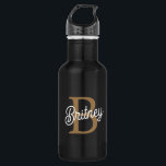 Modernes elegantes Monogramm Name Black Gold Scrip Edelstahlflasche<br><div class="desc">Die moderne elegante Monogram Name Black Gold Script Edelstahl Wasserflasche ist sowohl funktionell als auch modern. Es besticht durch eine elegante schwarze Fassade mit elegantem Goldskript und einem personalisierten Monogramm und Namen. Aus rostfreiem Edelstahl hergestellt, behalte es Getränke über längere Zeiträume warm oder kalt. Diese Wasserflasche ist ideal für den...</div>