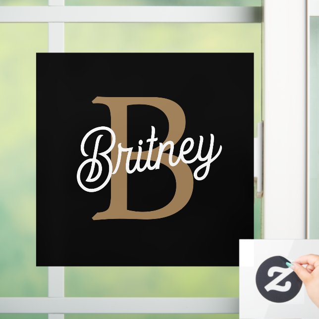 Modernes elegantes Monogramm Name Black Gold Scrip Fensteraufkleber (Zuhause)