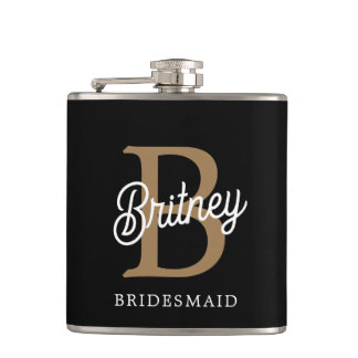 Modernes elegantes Monogramm Name Black Gold Scrip Flachmann
